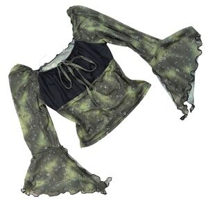 Fairy Boho Green Floral Mesh Bell Sleeve Milkmaid Top Fairycore Y2K Style Small